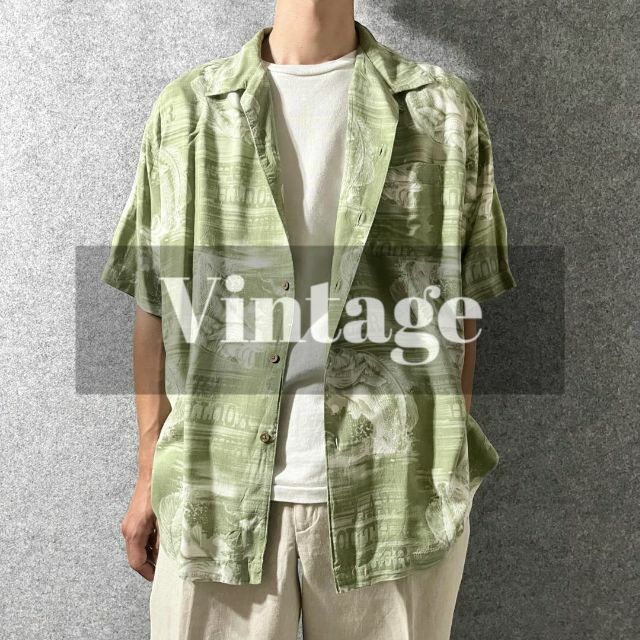 ART VINTAGE(アートヴィンテージ)の【vintage】バス フィッシュ 総柄 レーヨン 開襟 半袖シャツ アロハ L メンズのトップス(シャツ)の商品写真