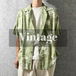 アートヴィンテージ(ART VINTAGE)の【vintage】バス フィッシュ 総柄 レーヨン 開襟 半袖シャツ アロハ L(シャツ)