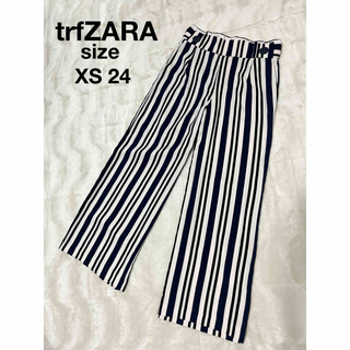 ザラ(ZARA)のtrf ZARAザラサマー ワイドストレートパンツXS 黒×青×白ストライプ24(カジュアルパンツ)