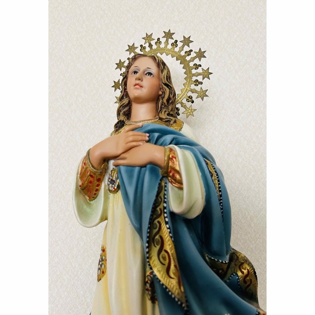 超超希少】✞無原罪の御宿り 胸に手を当てる聖母マリア像 天使 宗教彫刻