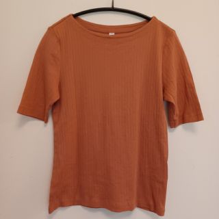 ユニクロ(UNIQLO)のユニクロ　リブボートネックT(５分袖)　M　ピンク(Tシャツ(半袖/袖なし))