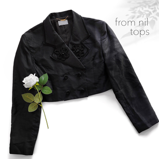 美品 ショート丈ブラウス スペンサージャケット 開襟 花柄 ブラック 黒 長袖