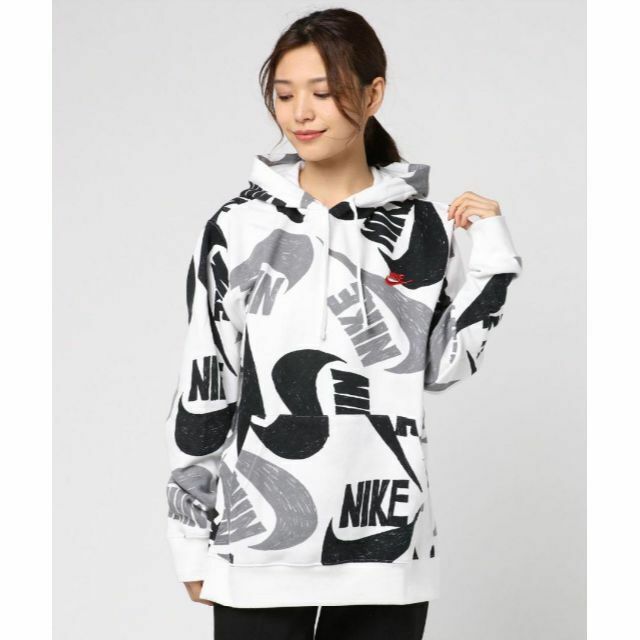 上質で快適 NIKE 青 プルパーカー AOP スウッシュ 総柄 フリース XXL