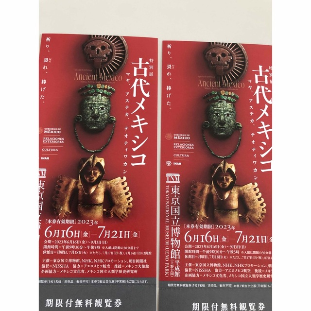 東京国立博物館 特別展 古代メキシコ展 無料観覧券 招待券 1枚 チケットの施設利用券(美術館/博物館)の商品写真