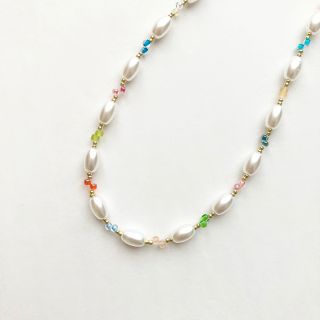 ハンドメイド＊ビーズネックレス＊パール＊カラフル＊マルチカラー＊レインボー(ネックレス)