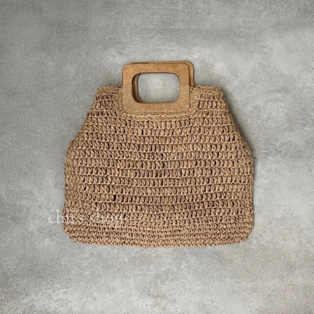 ウッドハンドルストローバッグ ブラウン 人気 綺麗 カゴバッグ かごバッグ 美品