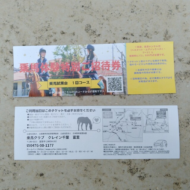 乗馬クラブ クレイン千葉 冨里 乗馬体験特別ご招待券 チケットのスポーツ(その他)の商品写真