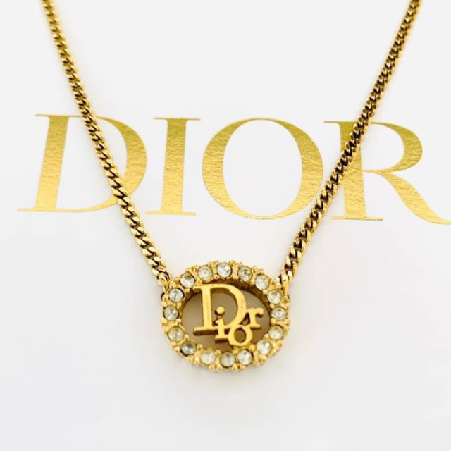 極美品☆ディオール Dior ロゴ ネックレス ラインストーン チョーカー 金-
