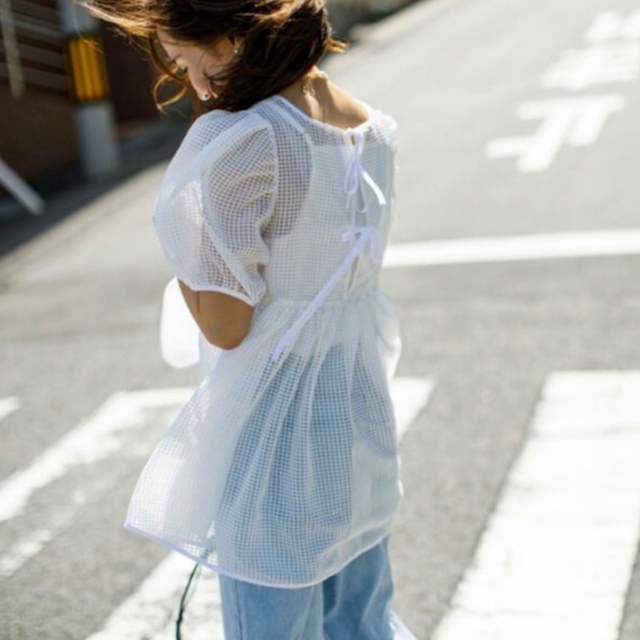 bluelea ブルレア　シースルーチェックブラウス　パフスリーブ❤️ レディースのトップス(シャツ/ブラウス(半袖/袖なし))の商品写真