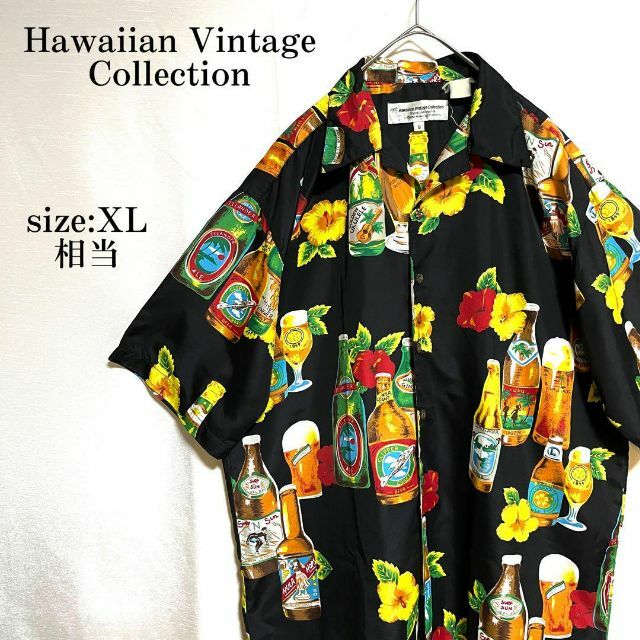 ハワイアン ヴィンテージ コレクション アロハシャツ ビール柄 ブラックXL相当