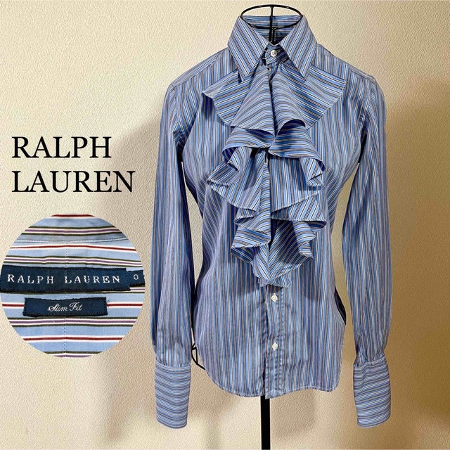 Ralph Lauren(ラルフローレン)のラルフローレン ストライプシャツ ブラウス フリル ブルー スリムフィット レディースのトップス(シャツ/ブラウス(長袖/七分))の商品写真