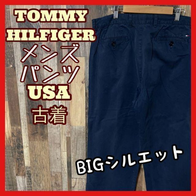 トミーヒルフィガー ロゴ ネイビー XL 36 チノ パンツ USA 90s