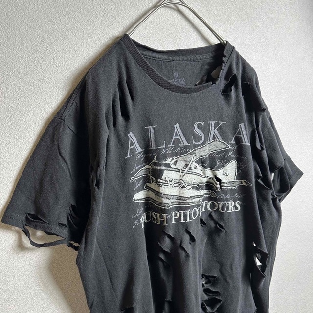 ボロTシャツ Lサイズ リメイク ビッグプリントデザイン ダメージ加工 古着