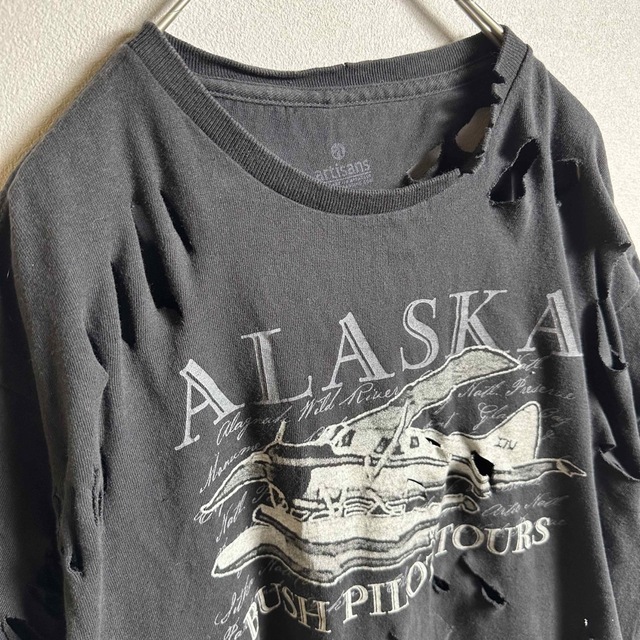 ボロTシャツ Lサイズ リメイク ビッグプリントデザイン ダメージ加工 古着