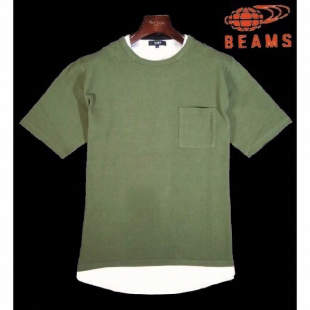 【BEAMS/ビームス】フェイクレイヤード 半袖Tシャツ ・オリーブグリーンXL