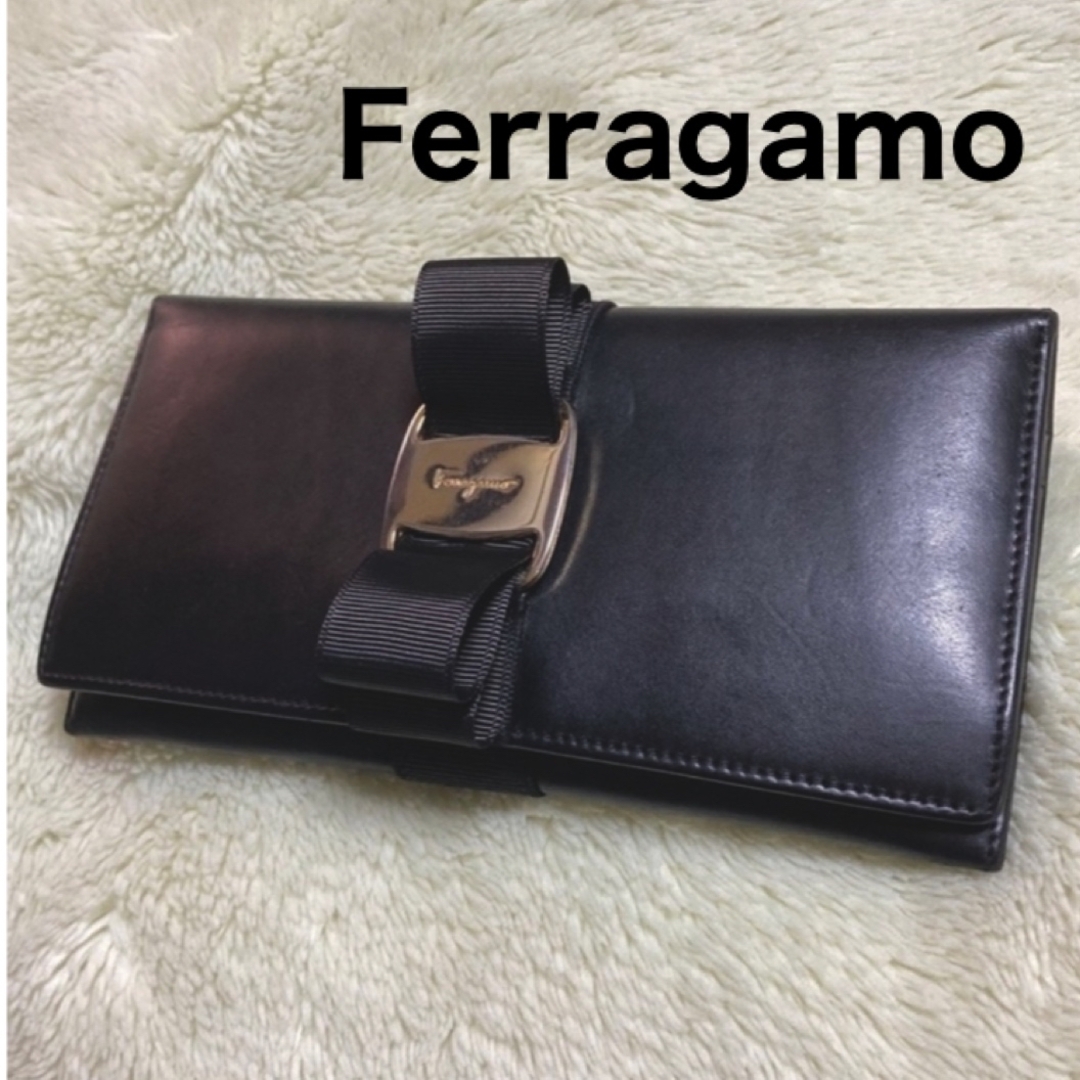 美品☆Ferragamoフェラガモ 長財布 ヴァラ リボン 黒 箱無し