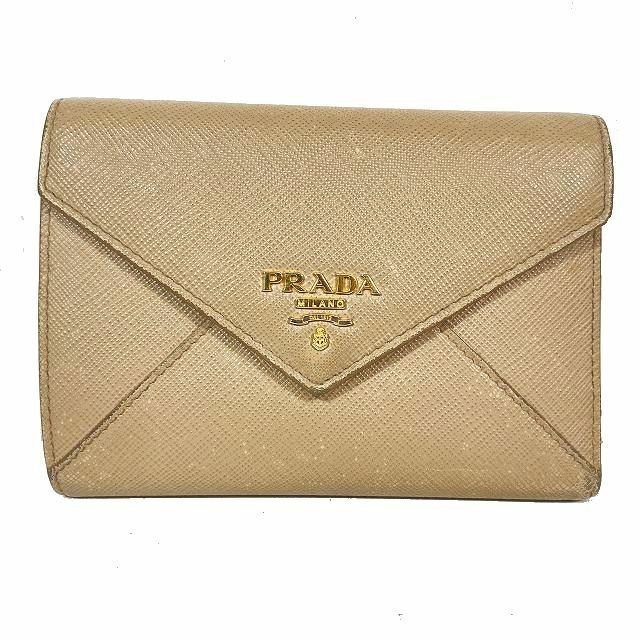 プラダ PRADA 三つ折り財布 ゴールド金具 ロゴ ピンクベージュ