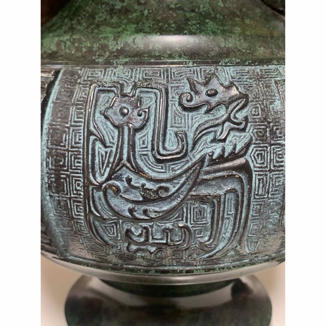 骨董 茶道具 ☆古い 唐金 古銅製饕餮文龍耳花瓶 es055sgl 9 中国