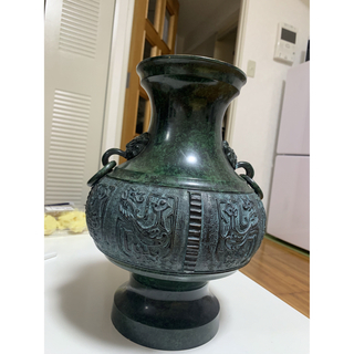 3c5-107中国古玩 唐物 古銅 大明宣徳年製 款 双耳 花瓶 時代物　銘あり茶杓
