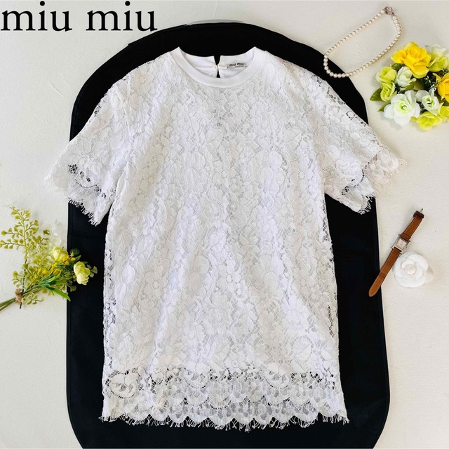 miumiu(ミュウミュウ)のmiumiu  透け編みレースカットソー　Tシャツライク　セミフォーマルにも◎ レディースのトップス(Tシャツ(半袖/袖なし))の商品写真