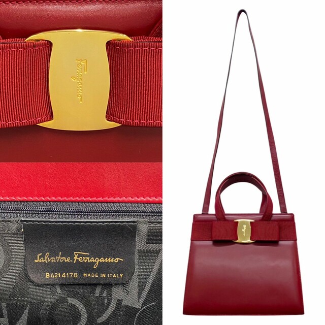 Salvatore Ferragamo(サルヴァトーレフェラガモ)の極 美品 Salvatore Ferragamo サルヴァトーレフェラガモ ヴァラリボン カーフ レザー 2way ハンドバッグ ショルダーバッグ レッド 14784 レディースのバッグ(ハンドバッグ)の商品写真