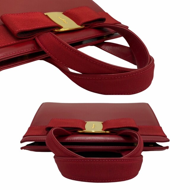 極 美品 Salvatore Ferragamo サルヴァトーレフェラガモ ヴァラリボン カーフ レザー 2way ハンドバッグ ショルダーバッグ  レッド 14784