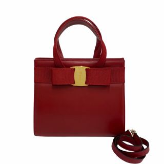 サルヴァトーレフェラガモ(Salvatore Ferragamo)の極 美品 Salvatore Ferragamo サルヴァトーレフェラガモ ヴァラリボン カーフ レザー 2way ハンドバッグ ショルダーバッグ レッド 14784(ハンドバッグ)