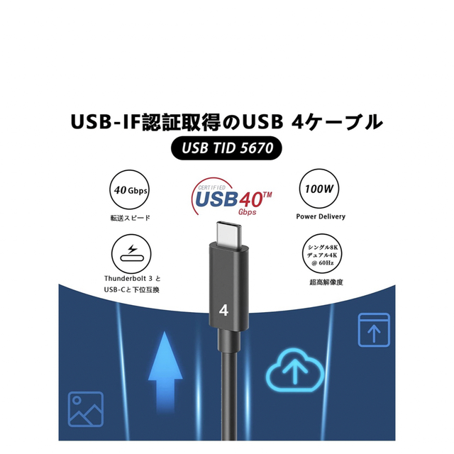 新品USB-C & USB-C Thunderbolt 4 100W 1.2m スマホ/家電/カメラのPC/タブレット(PC周辺機器)の商品写真