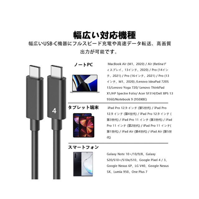 新品USB-C & USB-C Thunderbolt 4 100W 1.2m スマホ/家電/カメラのPC/タブレット(PC周辺機器)の商品写真
