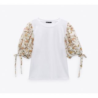 ザラ(ZARA)のZARA コントラストフラワーシャツ　M 白　花柄(シャツ/ブラウス(半袖/袖なし))