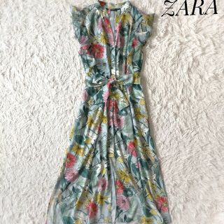 ザラ(ZARA)の【ZARA】フラワープリントワンピース L  リボン  スキッパー スリット(ロングワンピース/マキシワンピース)