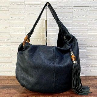 グッチ(Gucci)のグッチ バンブー ライン レザー ショルダー トート バッグ タッセル 黒(トートバッグ)