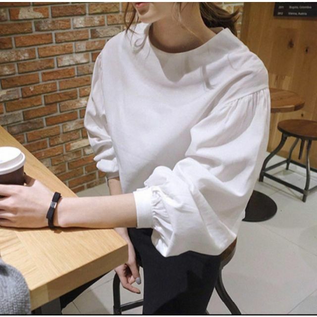 【2XL】ブラウス シンプル 白 トップス ふんわり 袖 韓国 レディースのトップス(シャツ/ブラウス(長袖/七分))の商品写真