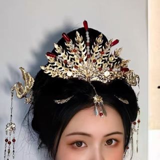 ノリタケ(Noritake)の真珠瑠璃十尾羽鳳凰　白赤金色髪飾り　ヘアピン　結婚式　明製漢服　着物和服　中華風(ヘアピン)