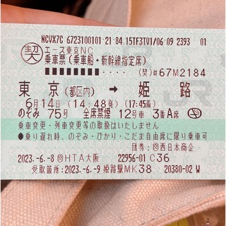 本日終了 新幹線チケット東京→姫路(鉄道乗車券)