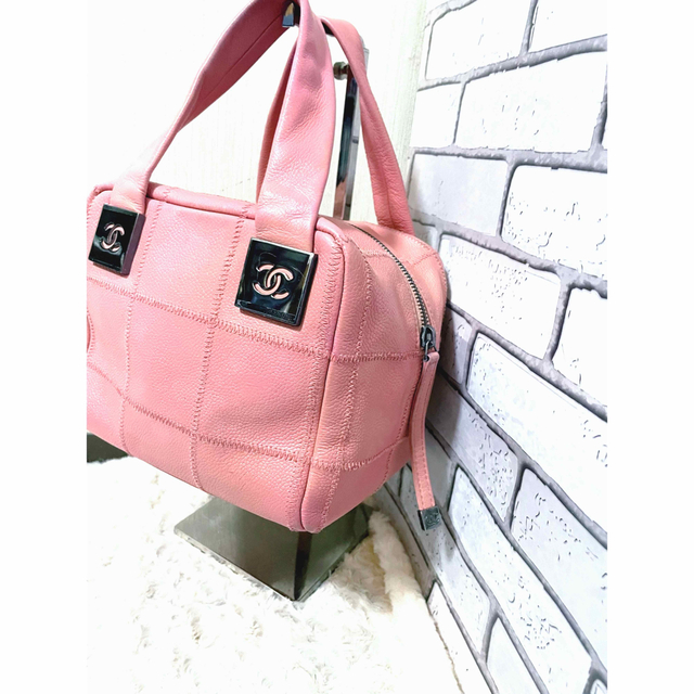 CHANEL チョコバー ボストンバッグ ソフトキャビアスキン ピンク