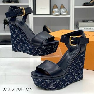 ルイヴィトン(LOUIS VUITTON)の5918 ヴィトン レザー デニム モノグラム ウェッジサンダル ネイビー(サンダル)