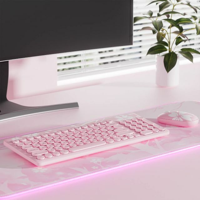 ピンクキーボード　マウスセット　静音設計　レトロかわいい　USBワイヤレスn41