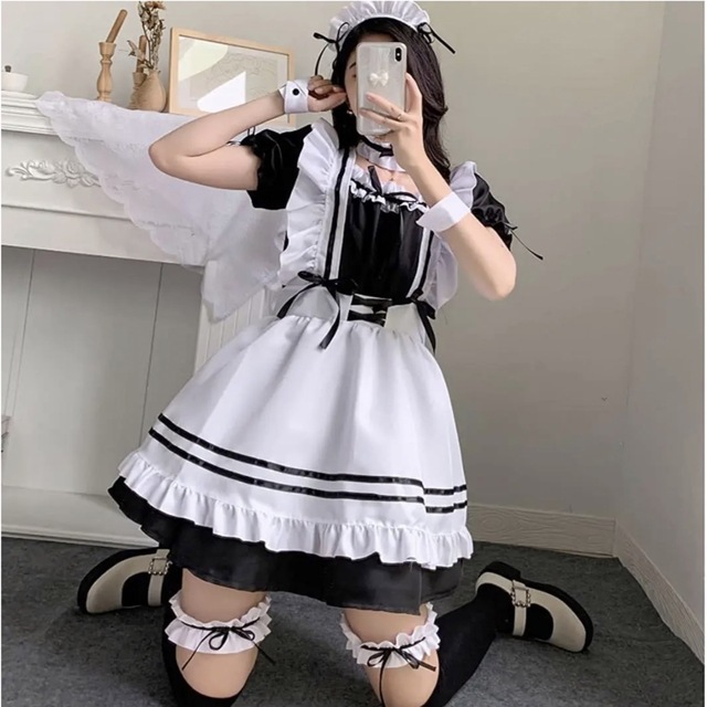 Mサイズ】メイド服 ハロウィン 萌え かわいい コスプレ ロリータ 8点