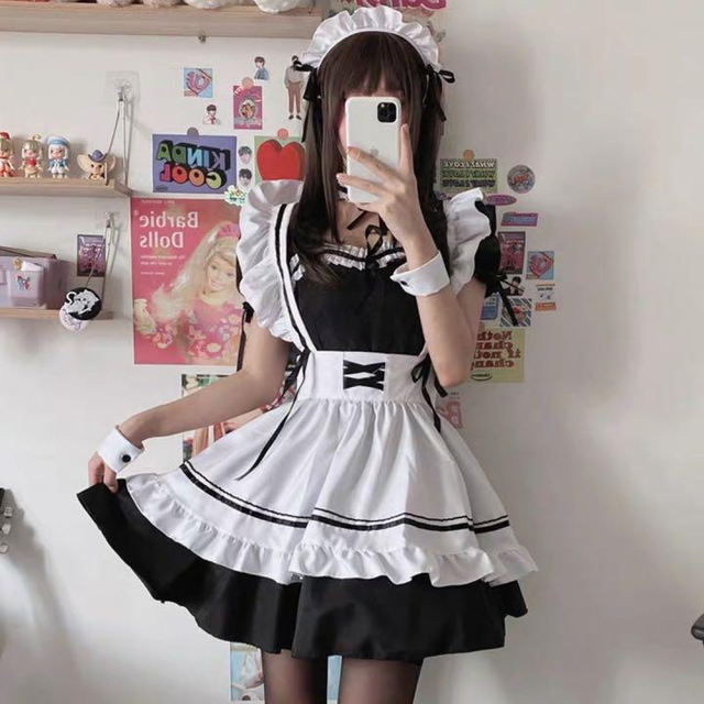 Mサイズ】メイド服 ハロウィン 萌え かわいい コスプレ ロリータ 8点