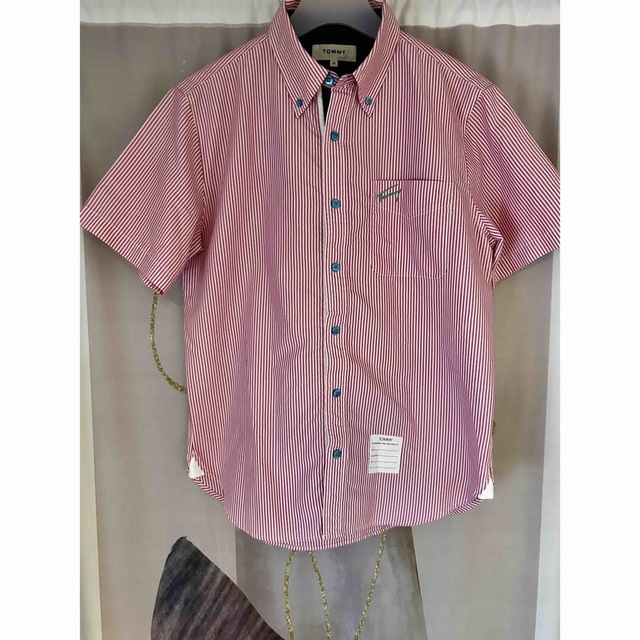 トミーヒルフィガー ストライプ カラーボタン 刺繍 半袖 ボタンダウンシャツ
