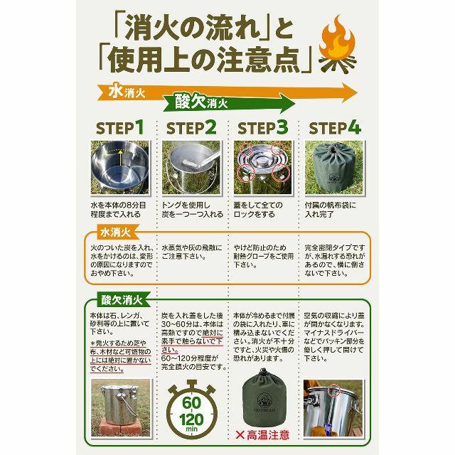 【在庫処分】OUTBEAR秒速消火 火消し壺 ステンレス 帆布袋付き 2通りの消 1