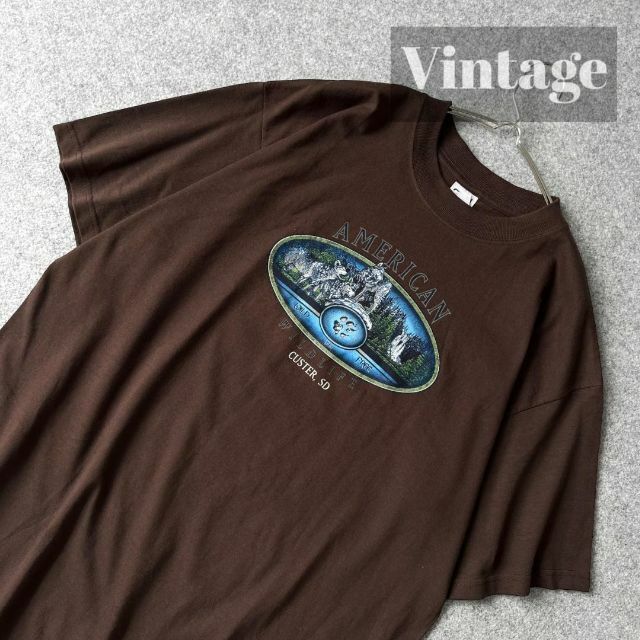 ART VINTAGE(アートヴィンテージ)の【vintage】狼 ウルフ プリント ルーズ Tシャツ アニマルT 茶 L メンズのトップス(Tシャツ/カットソー(半袖/袖なし))の商品写真