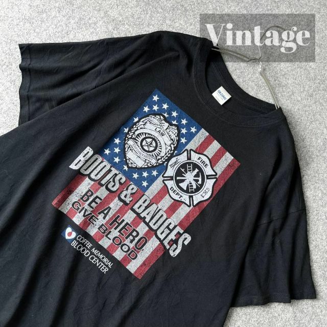 【vintage】BOOTS&BADGES ビッグ プリント ルーズ 黒Tシャツ