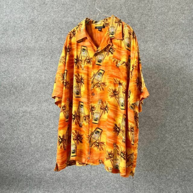 ART VINTAGE(アートヴィンテージ)の【vintage】ビール&ヤシの木 総柄 レーヨン アロハシャツ オレンジ XL メンズのトップス(シャツ)の商品写真