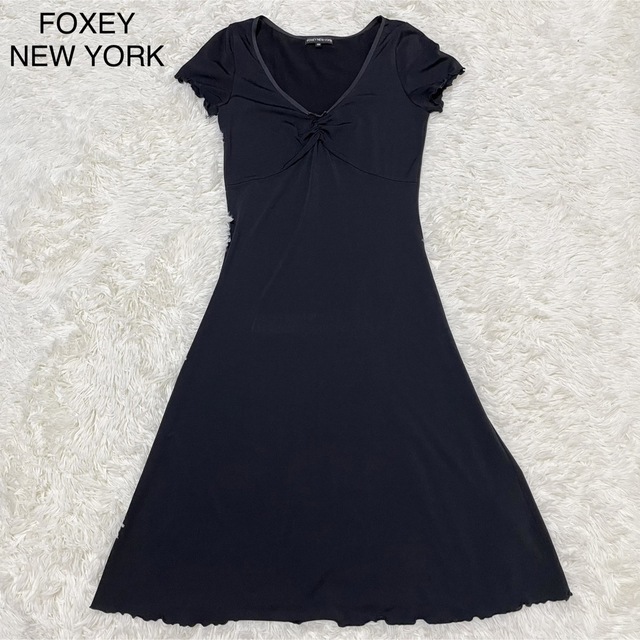 FOXEY NEWYORK【美品】半袖ワンピース ドレス L位 黒 レディース37袖丈