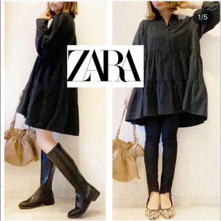 ザラ(ZARA)のZARA   長袖シャツワンピース　ブラックXS   美品(シャツ/ブラウス(長袖/七分))