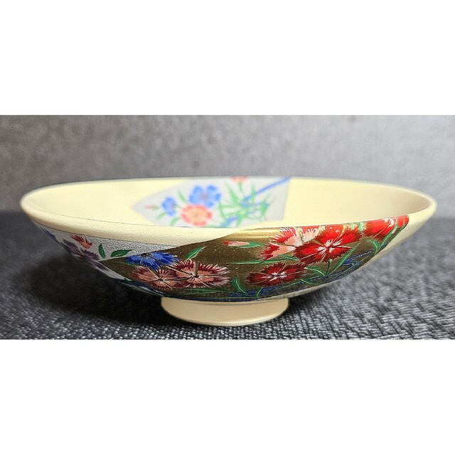 京焼　現代作家造　美術抹茶茶碗　在印　金彩色絵　常夏　撫子の図　平茶碗　夏茶碗