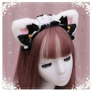 猫耳カチューシャ　ブラック　白　コスプレ　メイド　レース　リボン　イベント　鈴(アクセサリー)