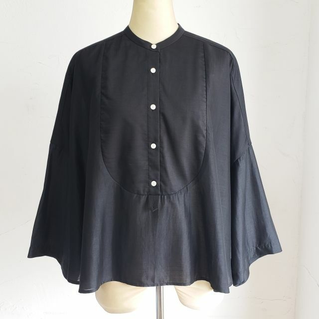 リヨカ Liyoca ☆ バンドカラー オーバー シャツ 半端袖 日本製 黒